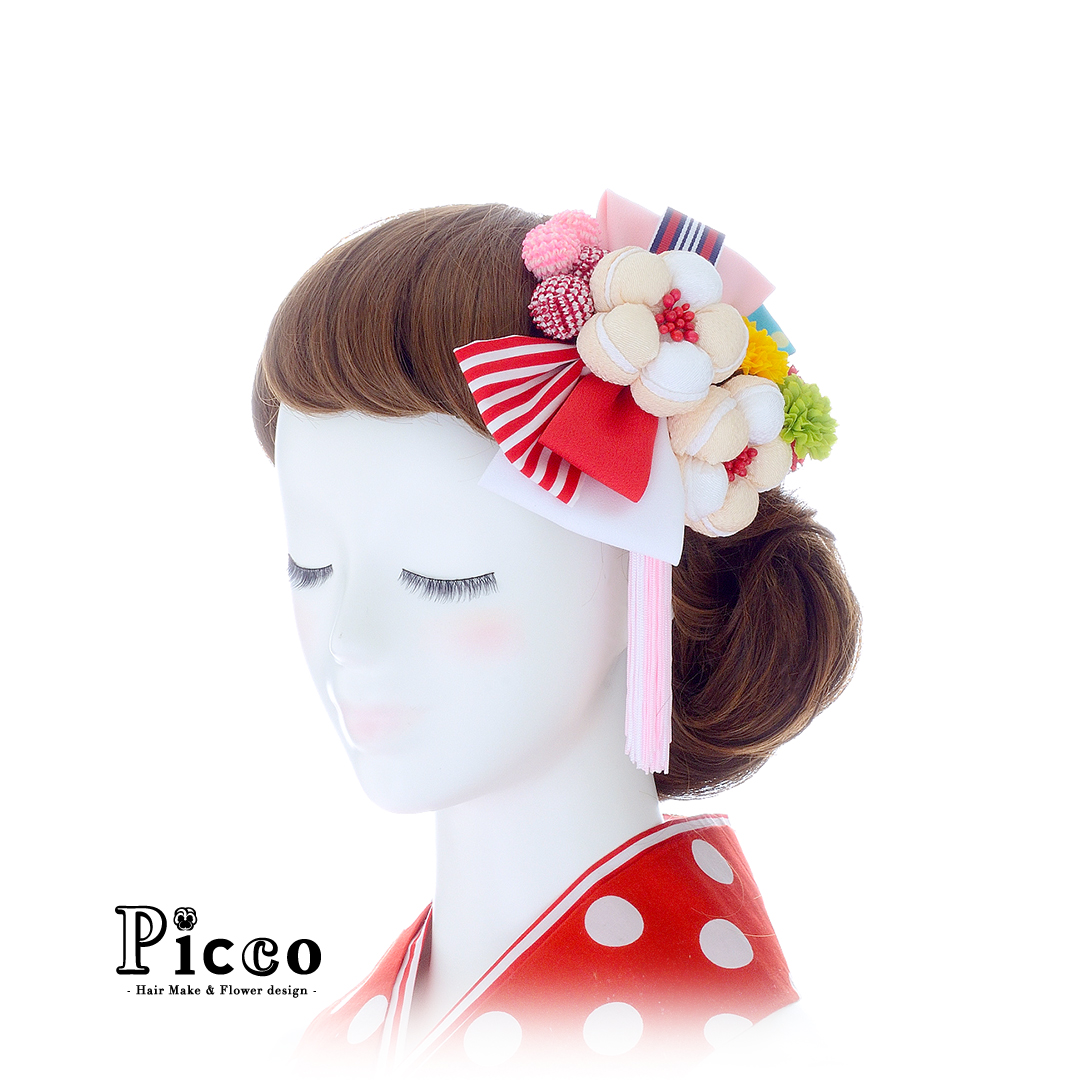 kmk-T003 ｜ 重ねリボンとふわもこ花の和装用髪飾りセット（ピンク）

